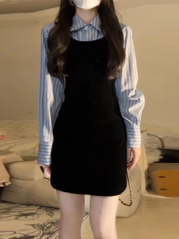 ジャンパースカート 大人 レディース 春秋 長袖 ストライプ シャツ 黒 ワンピース ミニ ショート セット