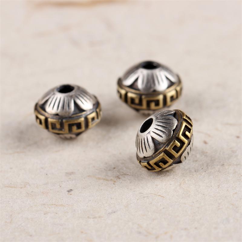 アクセサリー 手作り パーツ スペーサー ビーズ シルバー925 象嵌 真鍮 蓮の花 回紋 UFO型 ブレスレッ..