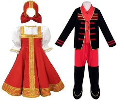 民族 衣装 ロシア 服 ハロウィーン 男の子 女の子 伝統的 舞踊 幼稚園 卒業 ステージ パフォーマンス 大きいサイズ フレアスカート セット 赤 黒