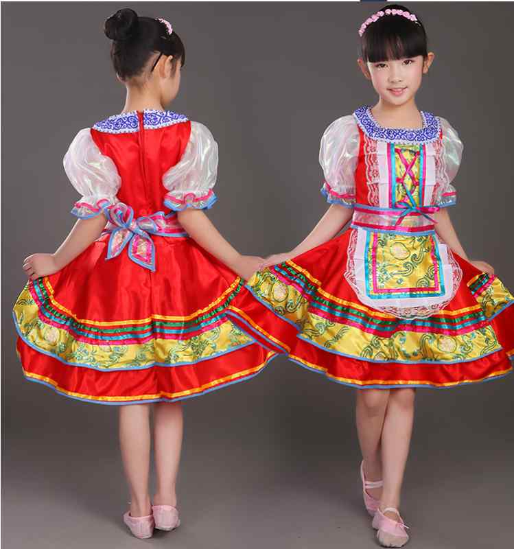 ロシア 服 子供 女の子 タタール ウズベキスタン 民族 舞踊 衣装 パフスリーブ ウエストリボン フレアスカート スクエアネック レース ダンス エレガント ジッパー 赤