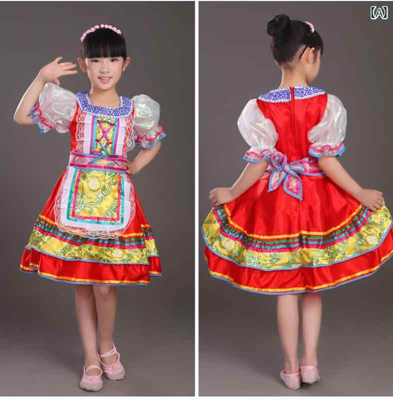 フロントップ楽天市場店の民族 衣装 ロシア 服 子供 女の子 タタール ウズベキスタン 舞踊 パフスリーブ ウエストリボン フレアスカート スクエアネック レース ダンス エレガント ジッパー 赤｜アングル2