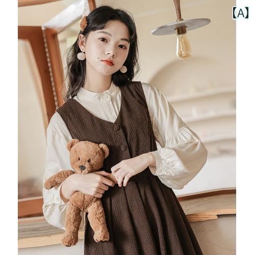 ジャンパースカート 大人 レディース 春秋 ミモレ丈 Vネック ノースリーブ ワンピース ボタン ウエストリボン Aライン 体型カバー ソフト 通気 レトロ カジュアル かわいい 茶色