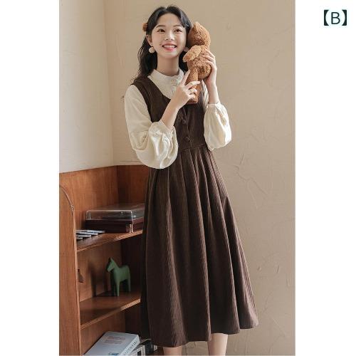 ジャンパースカート 大人 レディース 春秋 ミモレ丈 Vネック ノースリーブ ワンピース ボタン ウエストリボン Aライン 体型カバー ソフト 通気 レトロ カジュアル かわいい 茶色