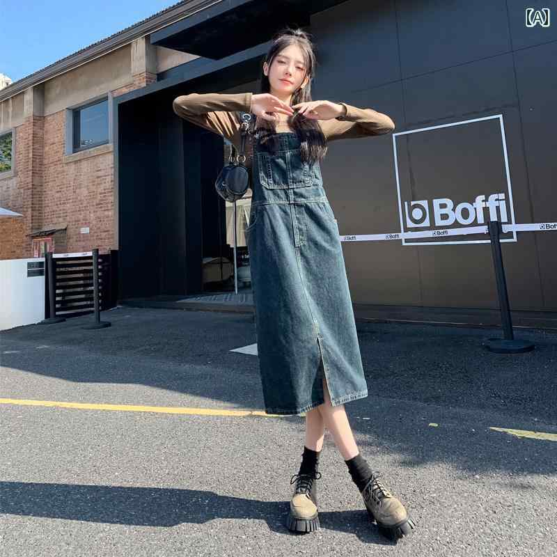 ジャンパースカート 大人 デニム レディース 春秋 ミモレ丈 ノースリーブ ワンピース ポケット スリット ハイウエスト Aライン 体型カバー ソフト カジュアル レトロ おしゃれ 青