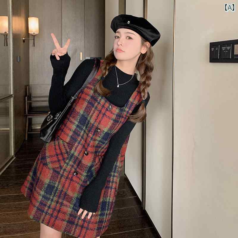 ジャンパースカート 大人 レディース 春秋 ミニ丈 ノースリーブ ワンピース ポケット ゆったり Aライン 長袖 ニット トップス 2点セット かわいい カジュアル チェック柄 赤 大きいサイズ