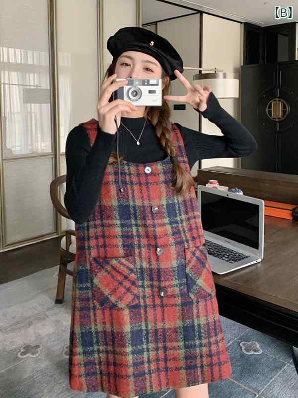 ジャンパースカート 大人 レディース 春秋 ミニ丈 ノースリーブ ワンピース ポケット ゆったり Aライン 長袖 ニット トップス 2点セット かわいい カジュアル チェック柄 赤 大きいサイズ