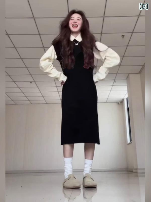 ジャンパースカート 大人 レディース 春秋 ミモレ丈 ノースリーブ ワンピース ニット ラウンドネック ハイウエスト Aライン 長袖 ブラウス 2点セット カジュアル シンプル