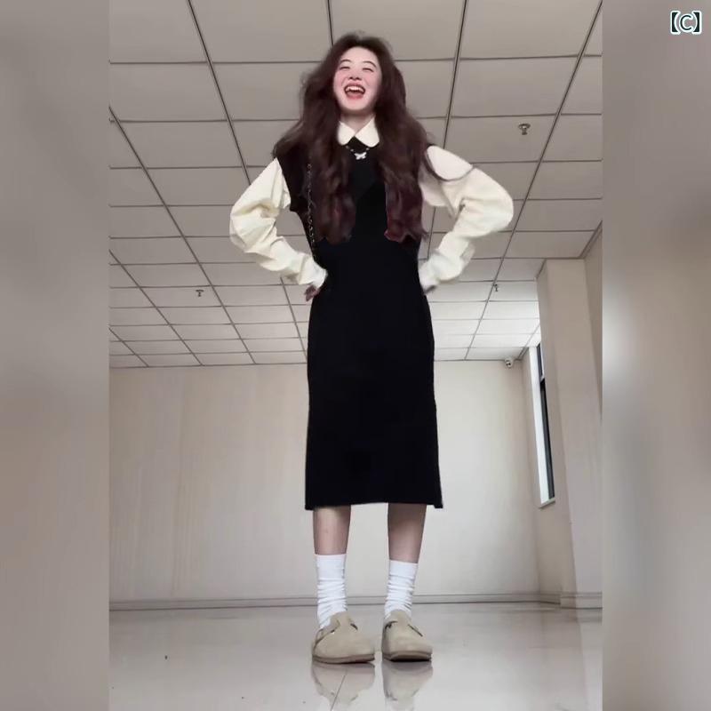 ジャンパースカート 大人 レディース 春秋 ミモレ丈 ノースリーブ ワンピース ニット ラウンドネック ハイウエスト Aライン 長袖 ブラウス 2点セット カジュアル シンプル