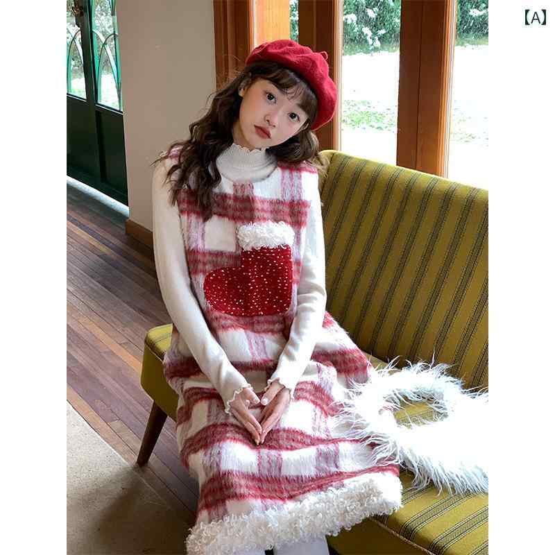 ジャンパースカート 大人 レディース 秋冬 ミモレ丈 ノースリーブ ワンピース ラウンドネック Aライン ボア ウール かわいい カジュアル チェック 柄 赤 白 クリスマス