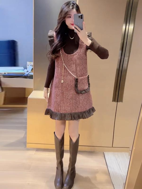 ジャンパースカート 大人 レディース 春秋 ミニ丈 ノースリーブ ワンピース ポケット チェーン フリル ハイウエスト Aライン 長袖 トップス 2点セット か...