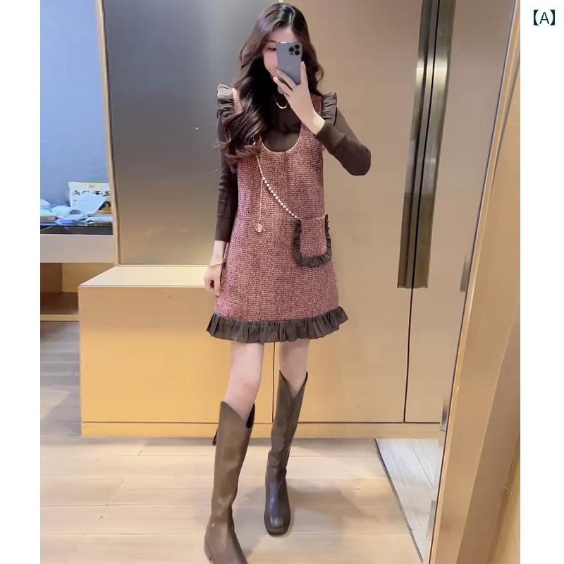 ジャンパースカート 大人 レディース 春秋 ミニ丈 ノースリーブ ワンピース ポケット チェーン フリル ハイウエスト Aライン 長袖 トップス 2点セット かわいい カジュアル ピンク 黒