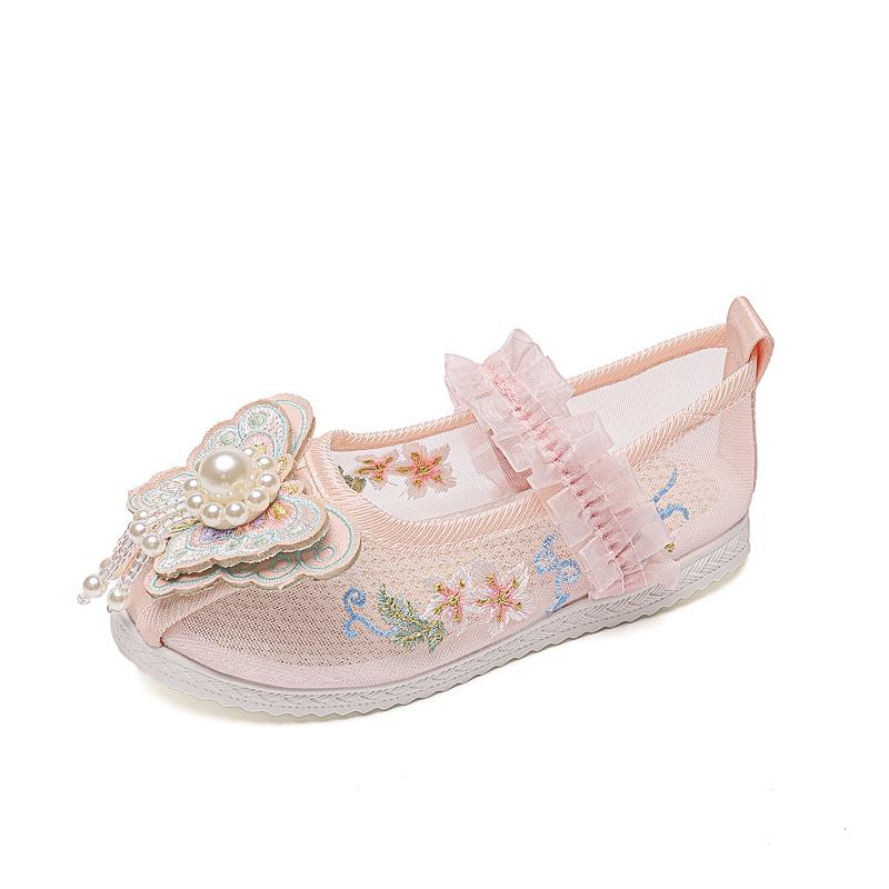 子供 靴 女の子 夏 キッズ ベビー エスニック 漢服 伝統的 民族風 メッシュ 通気性 サンダル レトロ フォーマル 刺繍 装飾 ピンク 緑 蝶