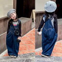 子供 サロペット オーバーオール デニム キッズ 春秋 男女兼用 長ズボン ワイド ストレート パンツ ゆったり ウエスタン シンプル カジュアル 無地 青