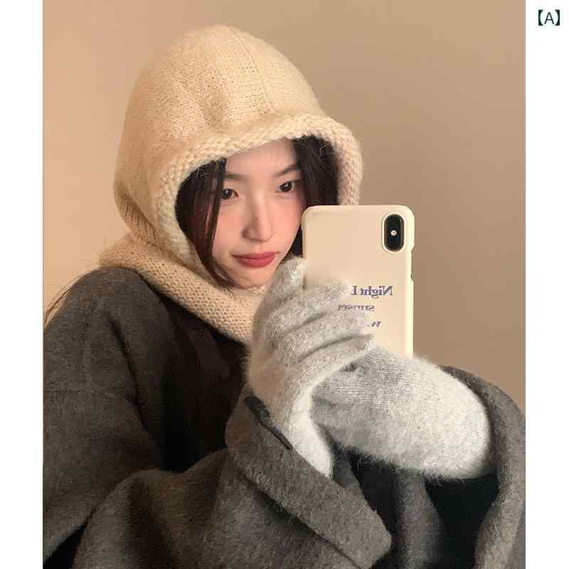 Knit Hat - 帽子 レディース 冬用 ふわふわ バラクラバ 韓国 防寒 厚手 暖かい 耳 カバー シンプル 無地 普段使い サイクリング ベージュ 黒 茶 ニット 柔らかい