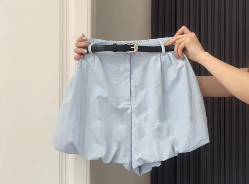 バルーンショートパンツ レディース 韓国 夏 ボトムス 短パン キュロット 伸縮性 ゆったり ハイウエスト シンプル カジュアル 青 無地
