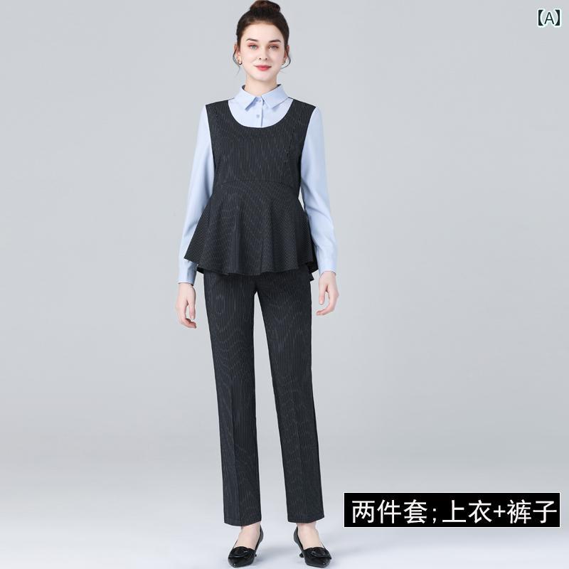 マタニティ スーツ ウェア 春秋 ビジネス レディース トップス オフィス 事務服 長袖 シャツ ストレート ロングパンツ セットアップ 大きいサイズ ストライプ ボタン 青 黒