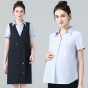 マタニティ スーツ ウェア 夏 半袖 シャツ ワンピース オフィス 事務服 面接 OL 2点セット 薄手 涼しい ボタン Vネック ポケット 水色 紺
