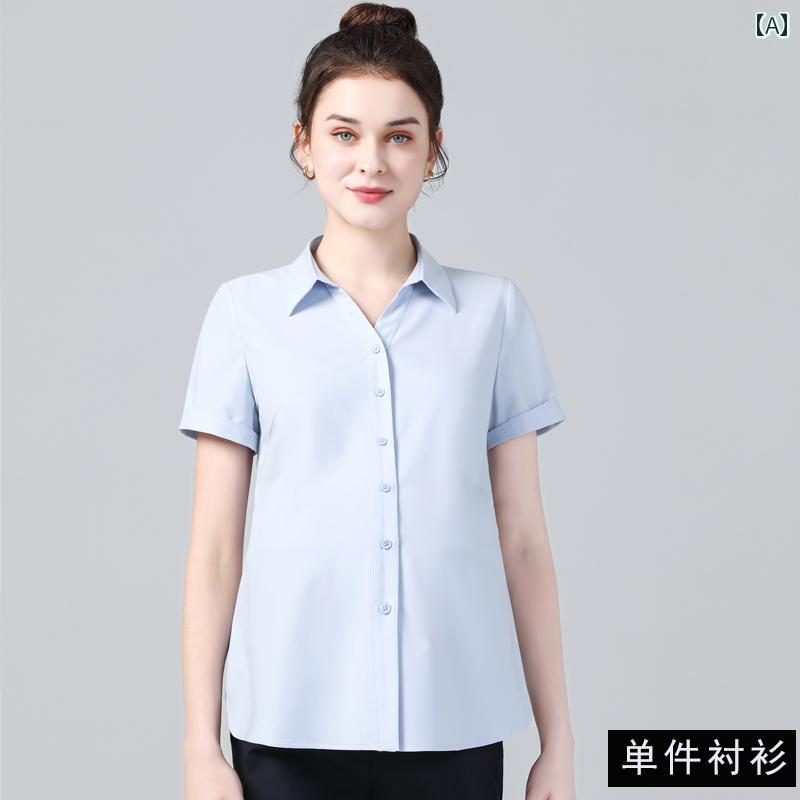 マタニティ スーツ ウェア 夏 半袖 シャツ ワンピース オフィス 事務服 面接 OL 2点セット 薄手 涼しい ボタン Vネック ポケット 水色 紺