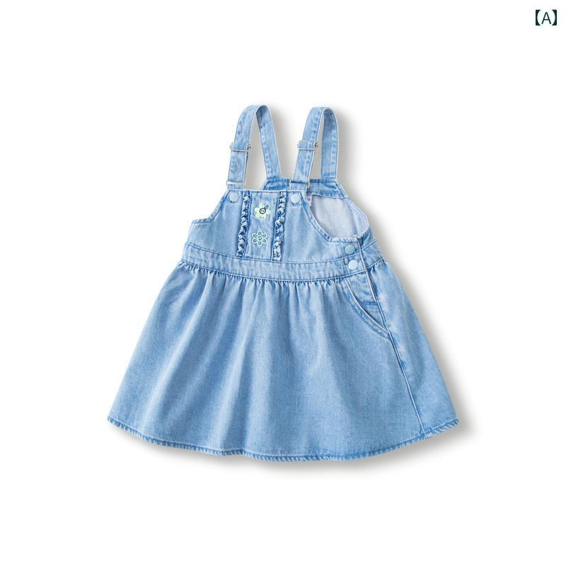 ジャンパースカート 子ども 女の子 キッズ ジュニア 春 デニム 子供服 Aライン おしゃれ コットン 刺繍..
