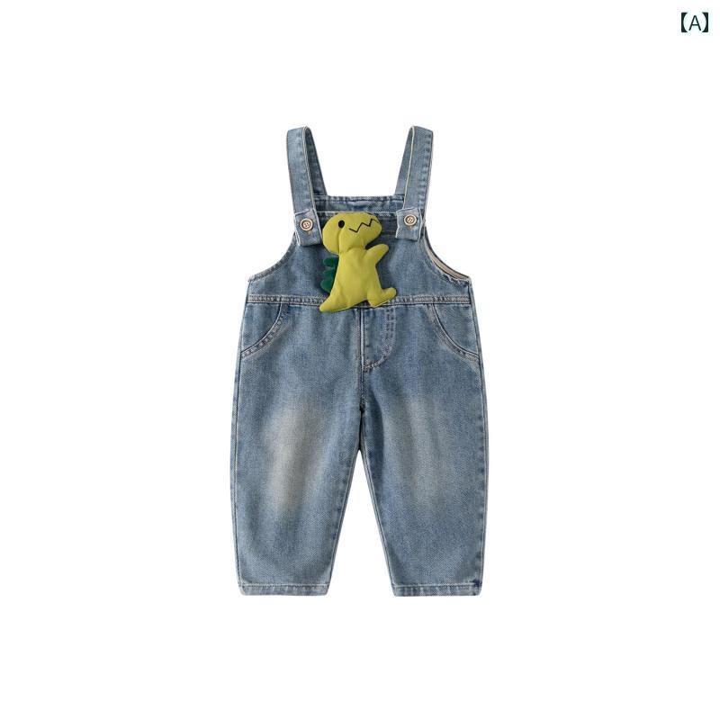 フロントップ楽天市場店の子供 サロペット オーバーオール デニム キッズ 幼児 男女兼用 春 シンプル 無地 ロング パンツ ジーンズ かわいい カジュアル 恐竜 青｜アングル2