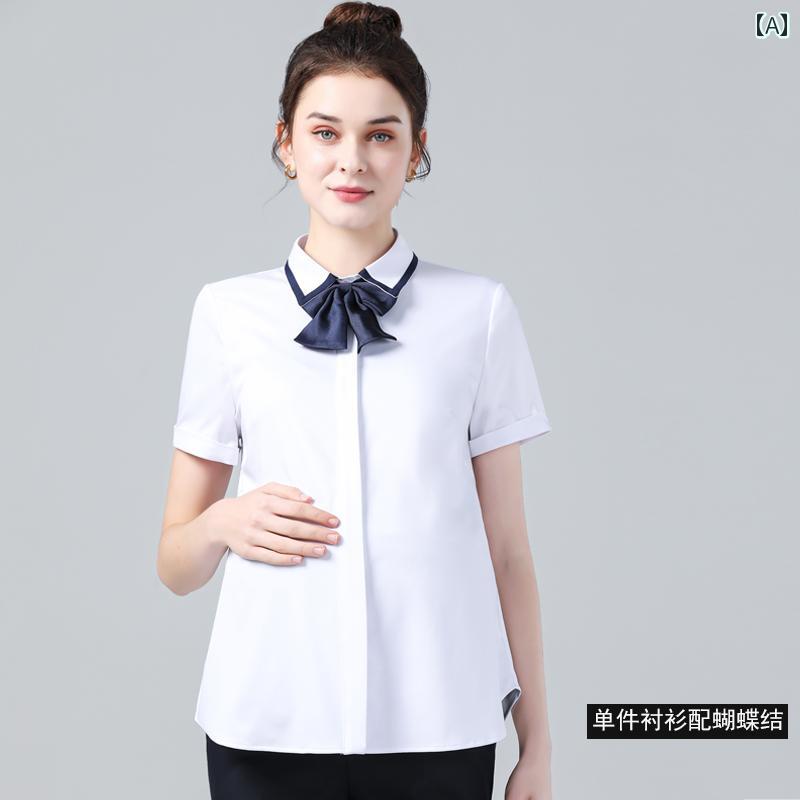 マタニティ スーツ 夏 面接 レディース 半袖 シャツ パンツ スカート 2 点セット オフィス 事務服 OL 薄手 涼しい 着脱 リボン 隠しボタン 伸縮性 調整可能 エレガント 白 黒