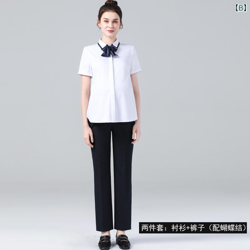 マタニティ スーツ 夏 面接 レディース 半袖 シャツ パンツ スカート 2 点セット オフィス 事務服 OL 薄手 涼しい 着脱 リボン 隠しボタン 伸縮性 調整可能 エレガント 白 黒