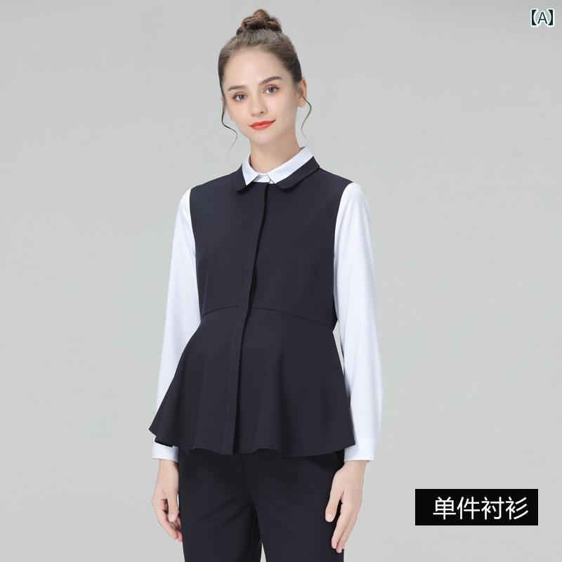 マタニティ スーツ ウェア 春秋 長袖 レディース シャツ ストレート ロングパンツ スカート 面接 トップス OL 2点セット 色褪せにくい 隠しボタン 白 黒
