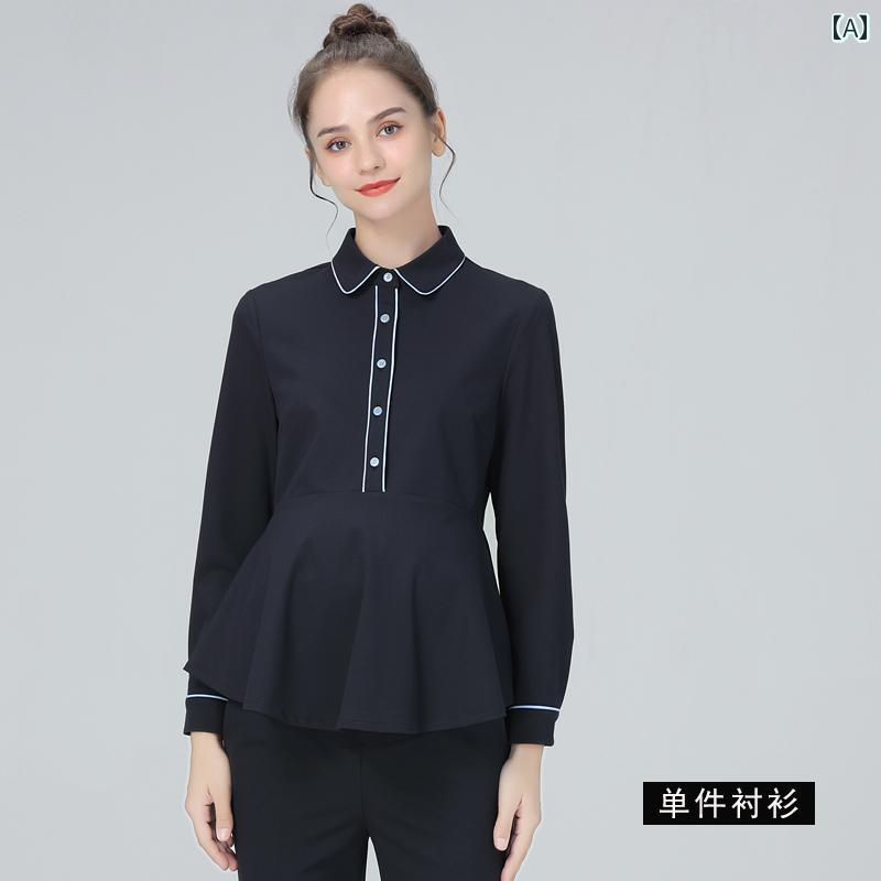 マタニティ スーツ 春秋 レディース 面接 通勤 フォーマル 長袖 シャツ パンツ カバー スカート OL 2点セット ハイウエスト 調節可能 おしゃれ エレガント 黒