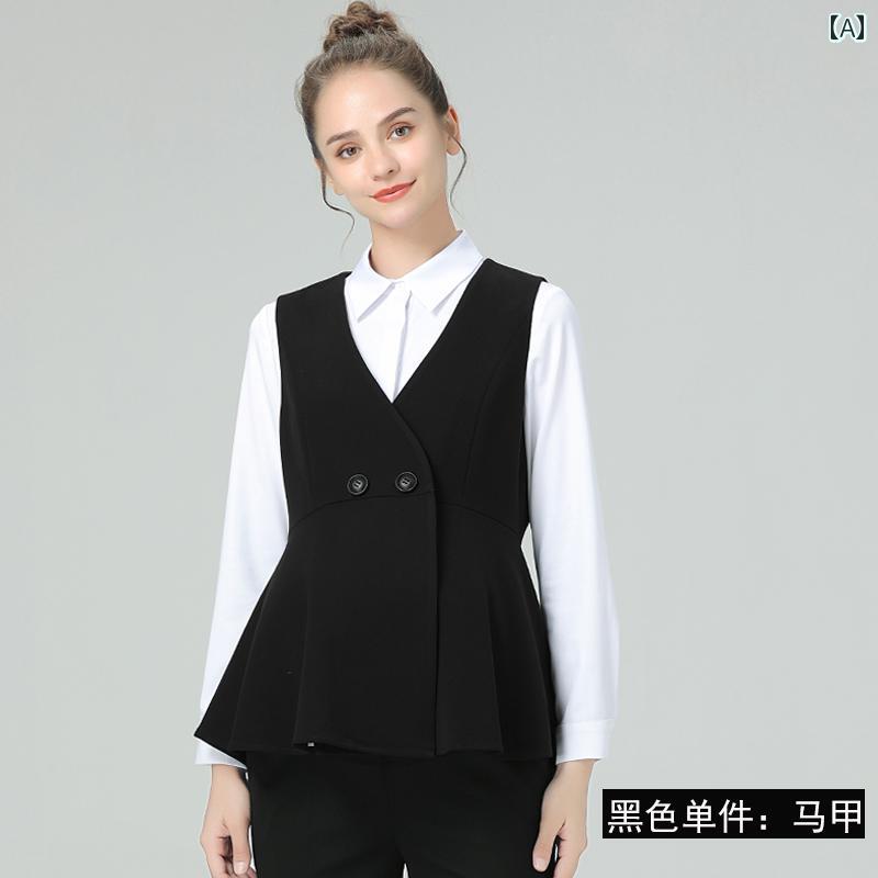 マタニティ スーツ ウェア 春秋 ベスト ストレート パンツ 面接 フォーマル オフィス 事務服 職場 OL 2点セット ダブルブレスト ハイウエスト 調節可能 シンプル 無地 黒 紺