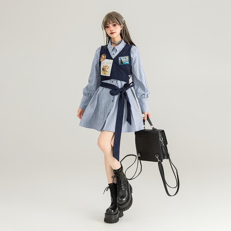 シャツワンピース レディース アメリカン カレッジ 重ね着風 春 スリム ストライプ Aライン スカート 長袖 カジュアル かわいい リボン ミニ丈 青