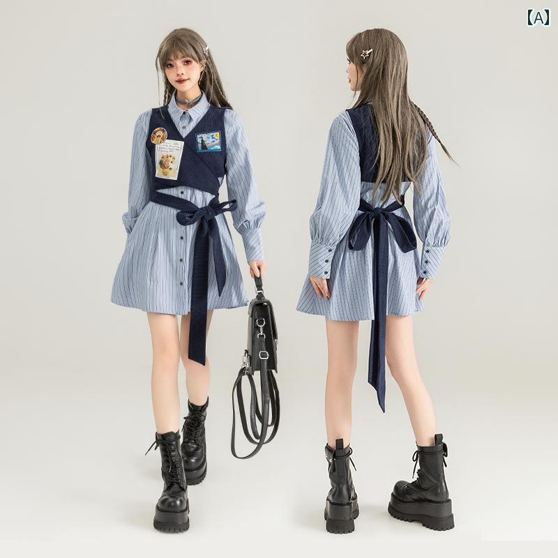 シャツワンピース レディース アメリカン カレッジ 重ね着風 春 スリム ストライプ Aライン スカート 長袖 カジュアル かわいい リボン ミニ丈 青