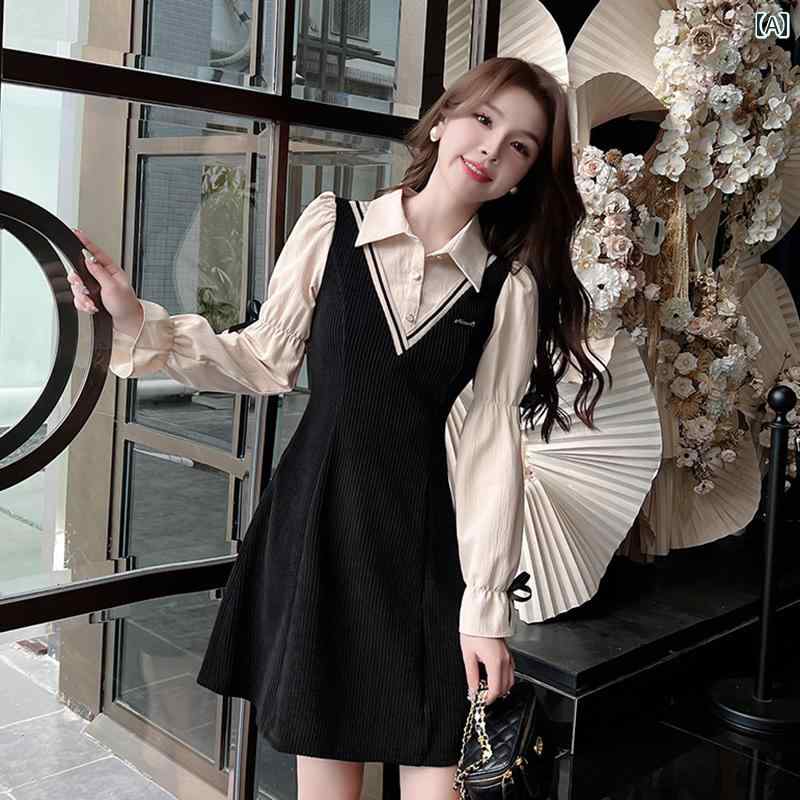 シャツワンピース レディース フレンチ 春 重ね着風 長袖 シンプル かわいい Aライン ハイウエスト 大きいサイズ ミニ丈 リボン 黒 茶