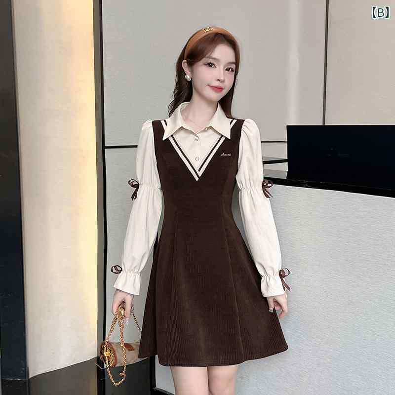 シャツワンピース レディース フレンチ 春 重ね着風 長袖 シンプル かわいい Aライン ハイウエスト 大きいサイズ ミニ丈 リボン 黒 茶