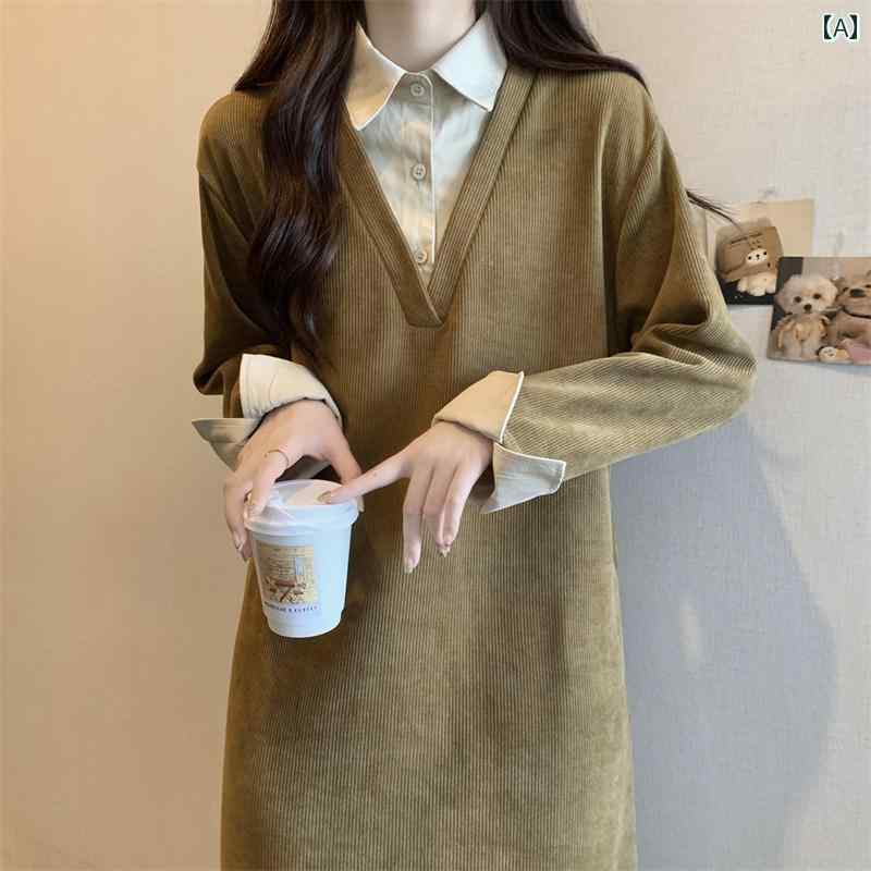 シャツワンピース レディース ポロ襟 重ね着風 春 大きいサイズ カジュアル ルーズ ゆったり 長袖 カーキ コーヒー 黒 体型カバー