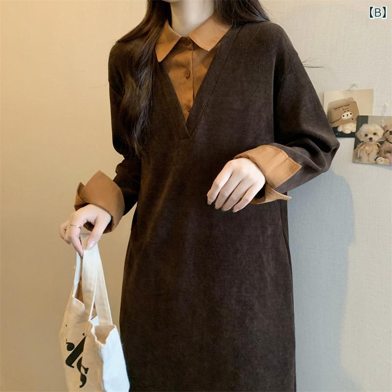シャツワンピース レディース ポロ襟 重ね着風 春 大きいサイズ カジュアル ルーズ ゆったり 長袖 カーキ コーヒー 黒 体型カバー