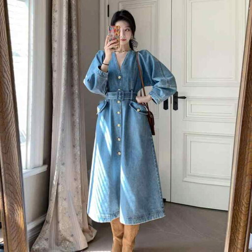 シャツワンピース レディース デニム 春秋 体型カバー ゆったり ミモレ丈 Aライン Vネック ハイウエスト かわいい 長袖 シンプル 大きいサイズ 青 シャツワンピース レディース デニム 春秋 体型カバー ゆったり ミモレ丈 Aライン Vネック ハイウエスト かわいい 長袖 シンプル 大きいサイズ 青