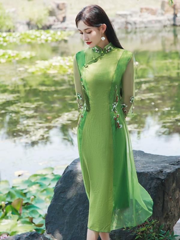 アオザイ ベトナム 服 チャイナドレス 刺繍 大きいサイズ ロング 七分袖 レトロ ワンピース エレガント 衣装 コスチューム 透け感 花 緑