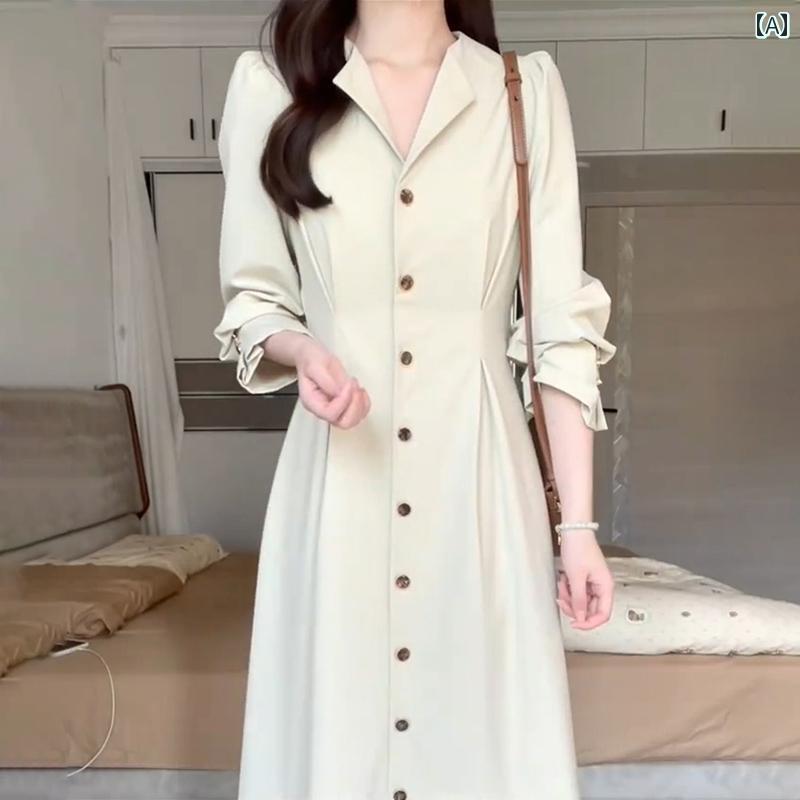 シャツワンピース レディース 春秋 Aライン Vネック シンプル カジュアル おしゃれ ハイウエスト ミモレ丈 長袖 アイボリー 大きいサイズ