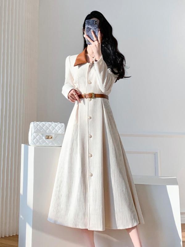 シャツワンピース レディース 春秋冬 スリム フィット Aライン ハイウエスト ラペル おしゃれ 長袖 ミ..