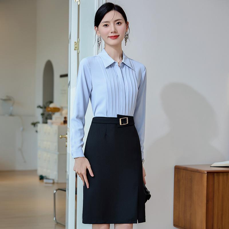 Pants Suit - シャツ レディース 長袖 秋冬 通勤 面接用 オフィス 白 ブルー系 ブラウス トップス 韓国ファッション 上品 きれいめ エレガント 無地 柔らかい 厚手 ビジネスカジュアル フォーマル 大きいサイズ 高級感