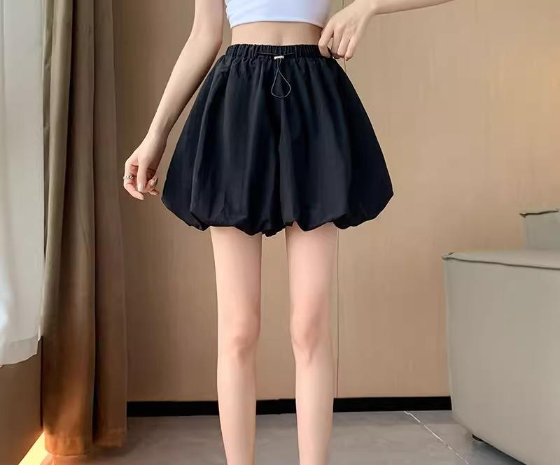 バルーンショートパンツ レディース 春夏 レトロ ボトムス 短パン キュロット 大きいサイズ ウエストゴム ポケット シンプル カジュアル おしゃれ 黒 グレー カーキ