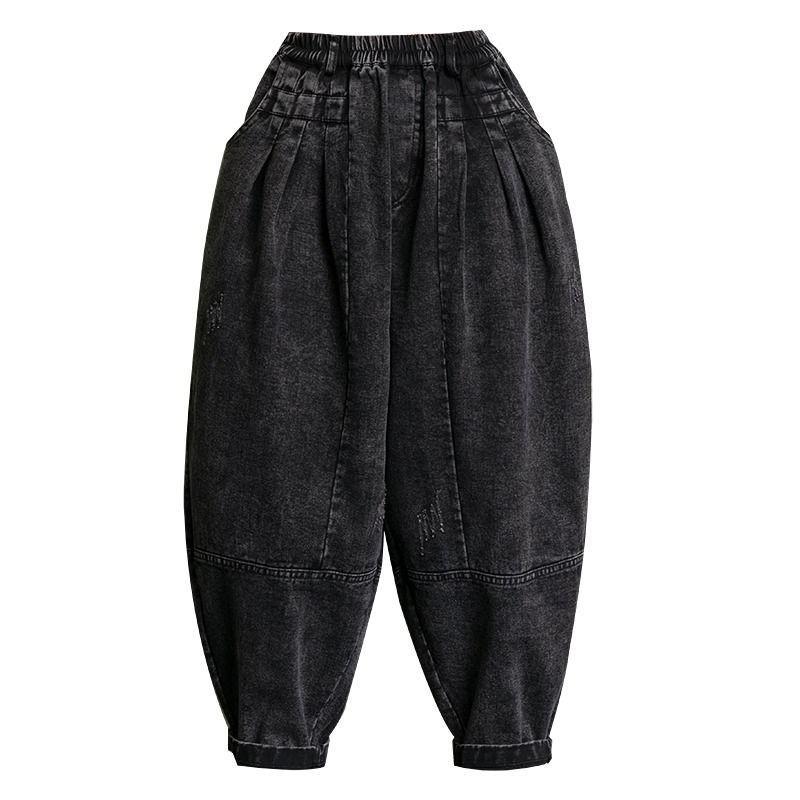 Nylon, Rayon, Polyester - ゆったり パンツ デニムレディース 大きいサイズ 着痩せ 体型カバー アート風 ワイド クロップド ハイウエスト ポケット ジッパー 耐摩耗性 9分丈 ダメージ加工 レザーラベル 春秋 青