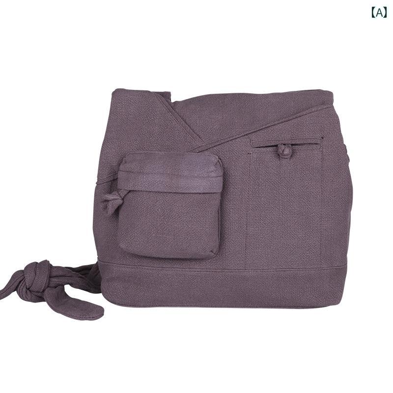 僧侶 かばん 巡礼 キャンバス レトロ コットンリネン 斜め ショルダー ソフト サシェ ブラウン ファスナー レディース 無地 結び目 調節可能 おしゃれ
