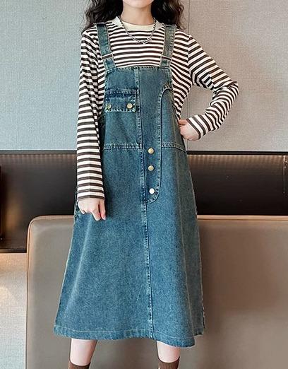 スタイル: 韓国対象性別：女性スカートタイプ: デニムスカート適用季節：春と秋セットアップ：ボーダー長袖トップス+デニムジャンパースカート