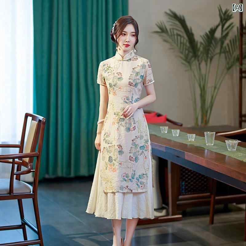 アオザイ ベトナム 服 レディース ロング チャイナドレス エスニック 衣装 夏 レトロ ゆったり 大きいサイズ 細見え 半袖 花柄 スカート 緑 紫 杏