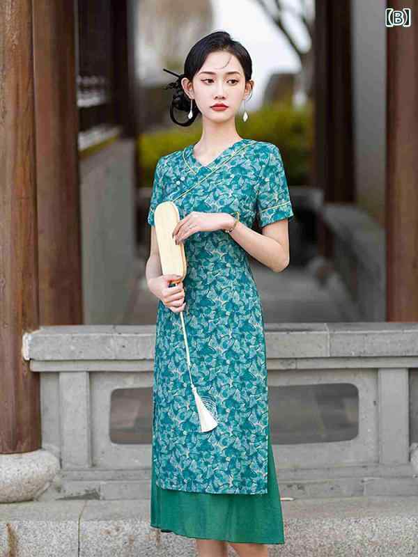 アオザイ ベトナム 服 レディース ロング チャイナドレス エスニック 衣装 夏 レトロ ゆったり 大きいサイズ 細見え 半袖 花柄 スカート 緑 紫 杏