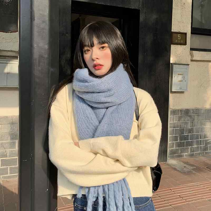 Stole - マフラー レディース 韓国 フリンジ 防寒 厚手 暖かい 秋冬 シンプル 無地 ニット メンズ カジュアル おしゃれ 柔らかい 大判 青 ベージュ