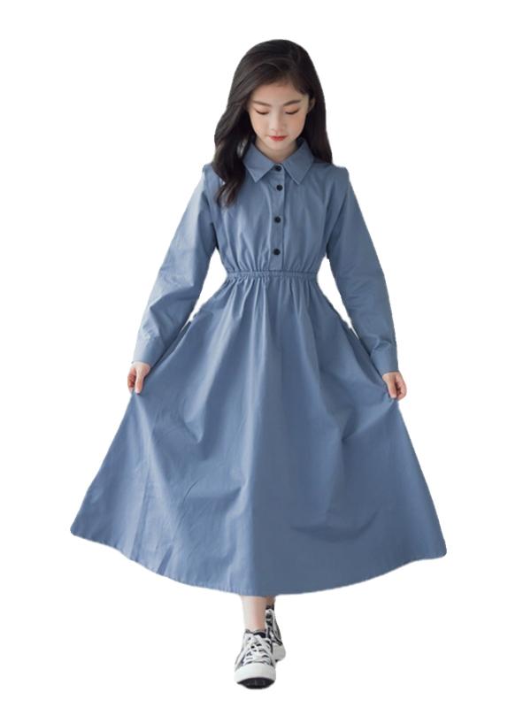 長袖 - 子供 ワンピース 春 女の子 キッズ ジュニア 長袖 襟 シャツ フレア スカート Aライン ロング シンプル カジュアル ナチュラル 無地 青