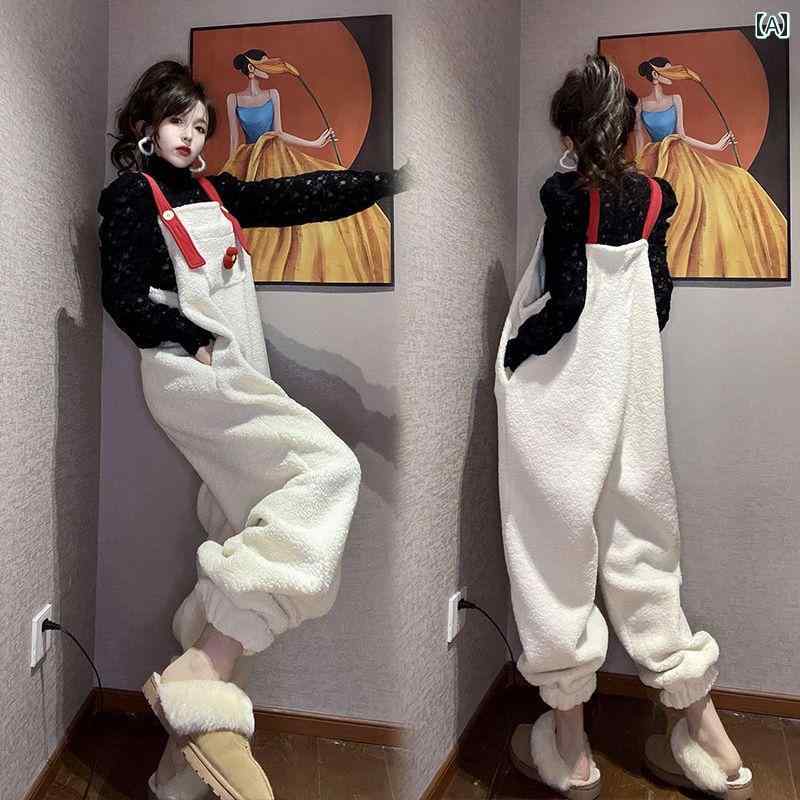 フロントップ楽天市場店のサロペット パンツ 冬 レディース オーバーオール ロング 厚手 韓国 ルーズ カジュアル 大きいサイズ 暖かい もこもこ ハイウエスト 白 ピンク 花 ワンポイント｜アングル2