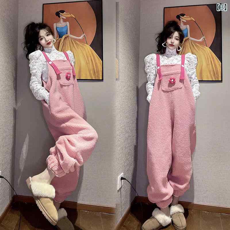 フロントップ楽天市場店のサロペット パンツ 冬 レディース オーバーオール ロング 厚手 韓国 ルーズ カジュアル 大きいサイズ 暖かい もこもこ ハイウエスト 白 ピンク 花 ワンポイント｜アングル3